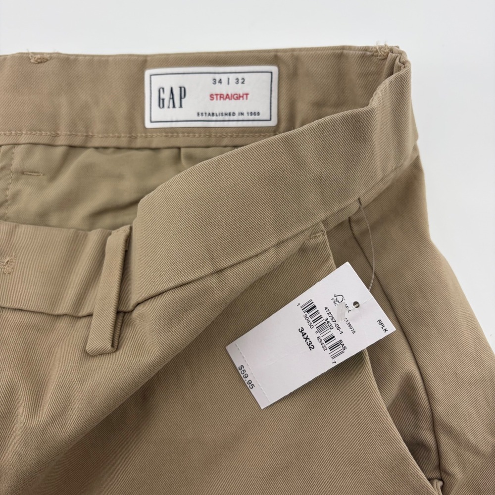 Gap Mens Straight Fit Chino Pants Khaki Tan Cotton Stretch Trousers 34x32 NEW